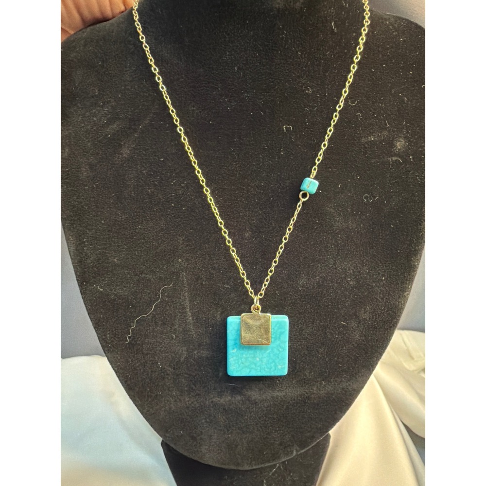 Turquoise Square Pendant Necklace Gold Tone Geometric Modern Cable Chain 28 Inch